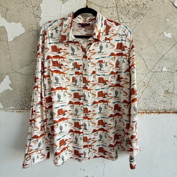 Desert Print Western Button Down Shirt Cactus Red Rock Long Sleeve Cowboy L - Picture 1 of 6